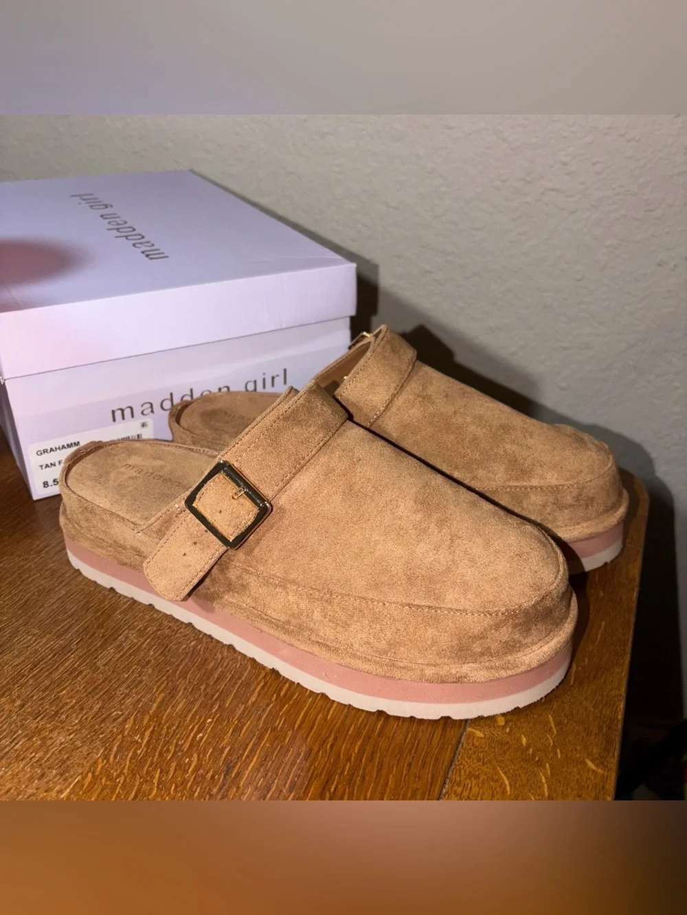 Madden Girl Tan Suede Slip-On Clog with Buckle - Picture 1 of 6